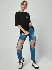 Kotty Women Black Applique Oversized T-shirt