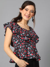Kotty Black Floral Printed Sweetheart Neck Flutter Sleeve Peplum Top