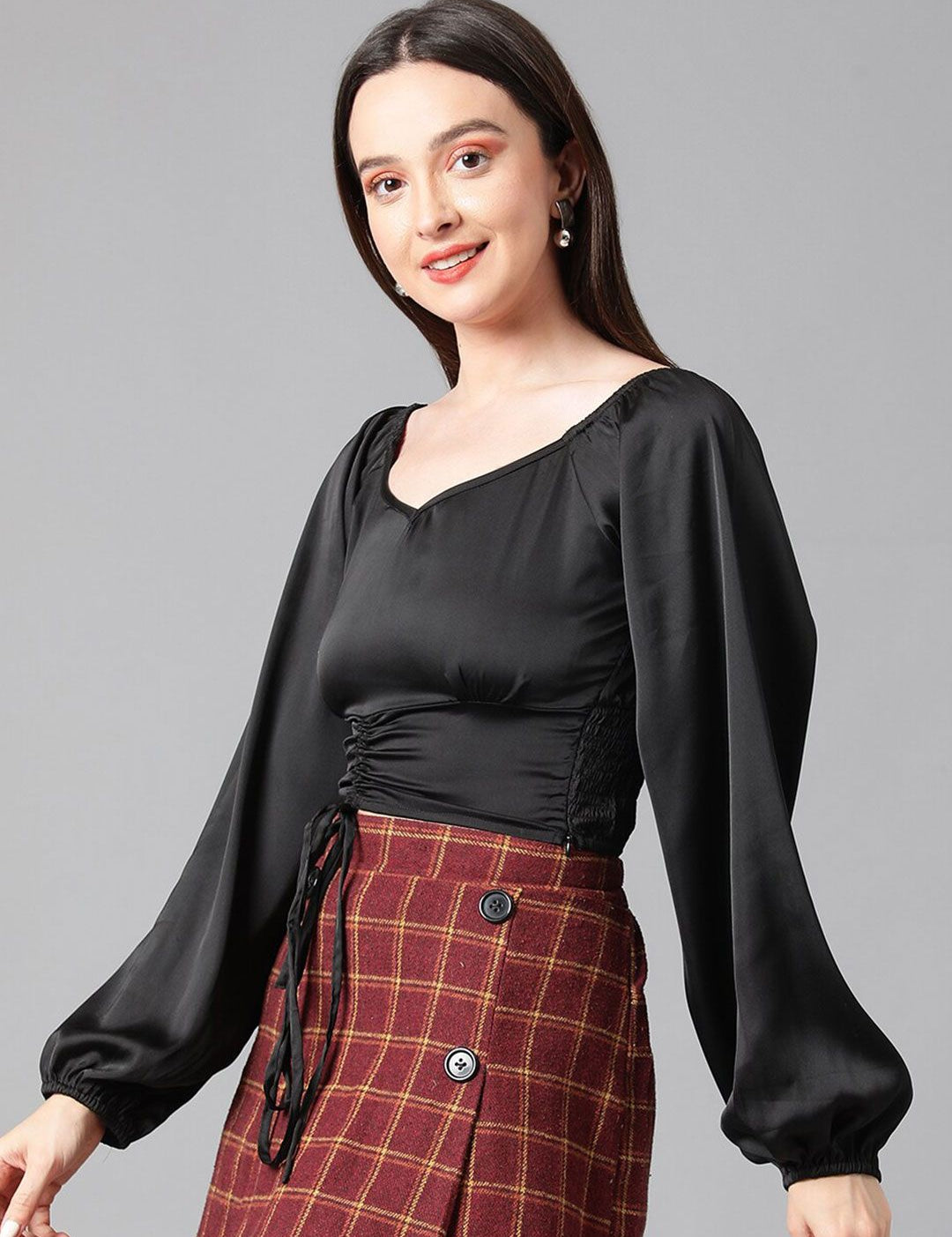 Kotty V-Neck Flared Sleeve Satin Top