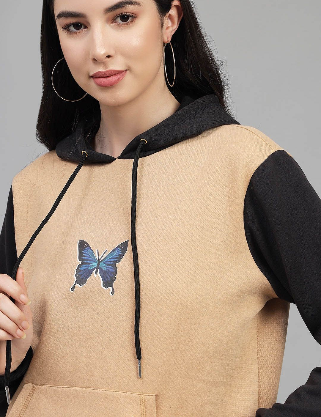 Kotty Women Beige Printed Hooded Fleece Sweatshirt