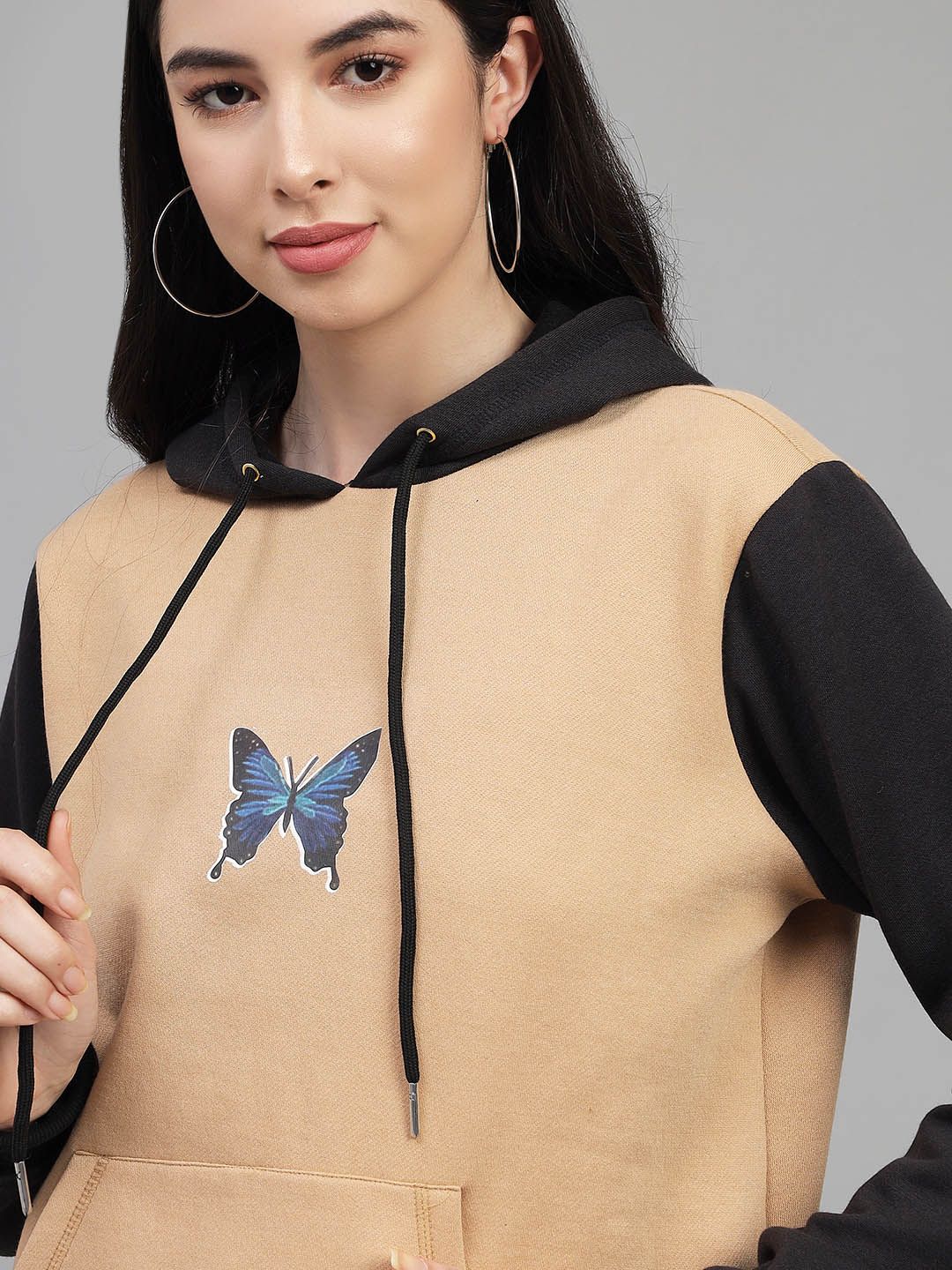 Kotty Women Beige Printed Hooded Fleece Sweatshirt