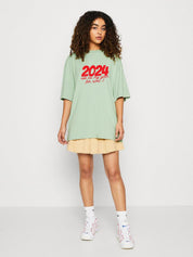 Kotty Green Typography Printed Round Neck Drop-Shoulder Sleeves Oversized T-shirt