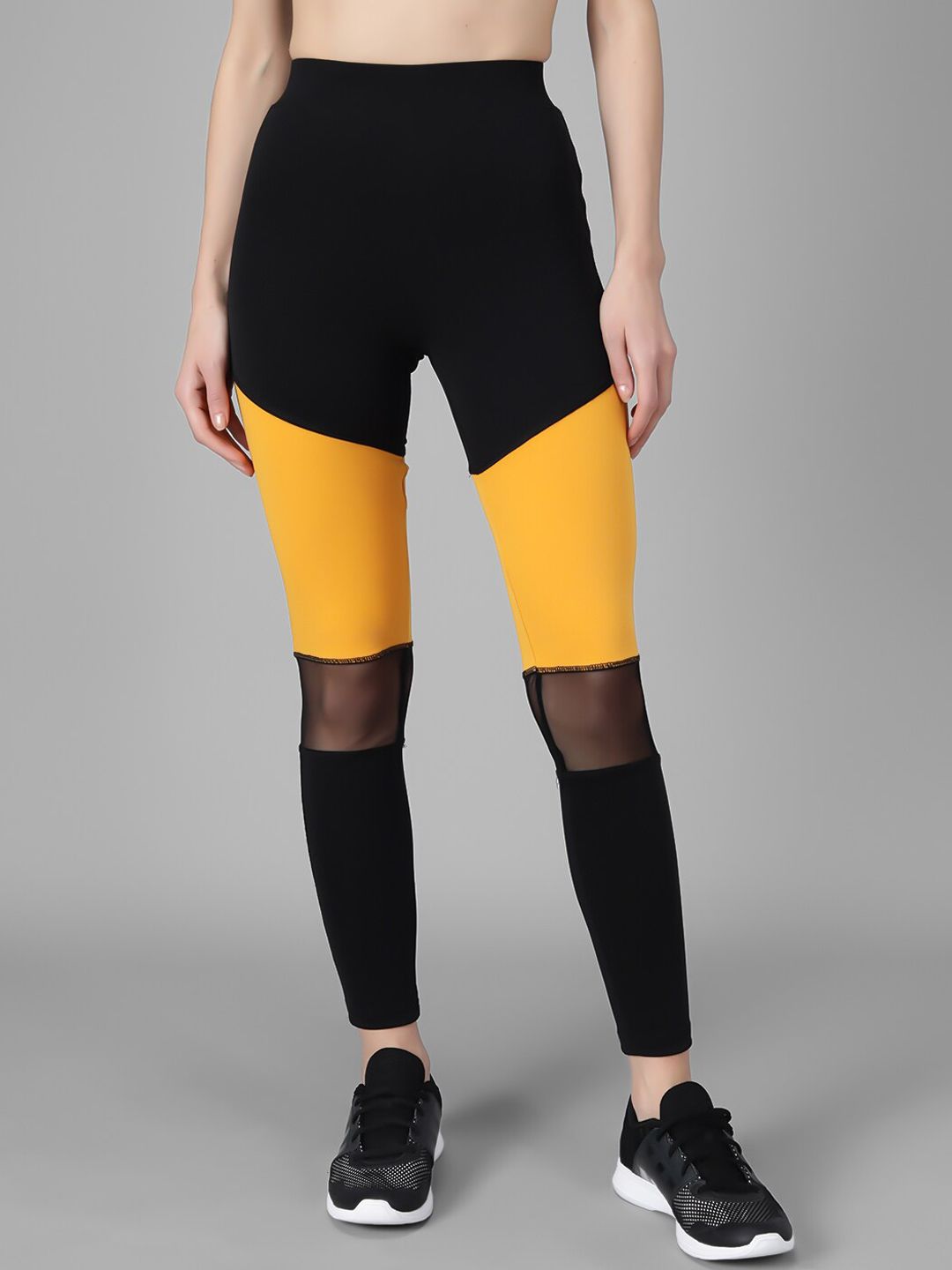 Kotty Women Black & Yellow Colourblocked Tights