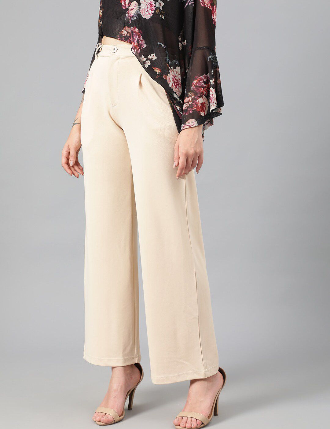 Kotty Women Beige Relaxed Straight Leg Fit High-Rise Easy Wash Pleated Parallel Trousers
