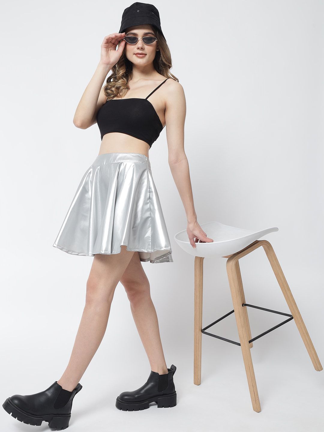 Kotty Women Silver Solid Flared Mini Skirt
