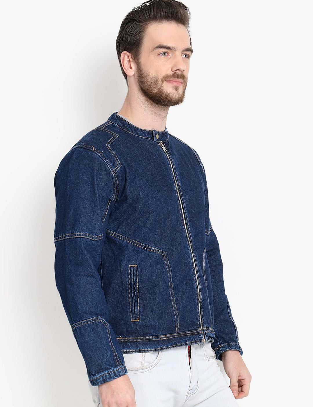 Kotty Men Navy Blue Solid Denim Jacket
