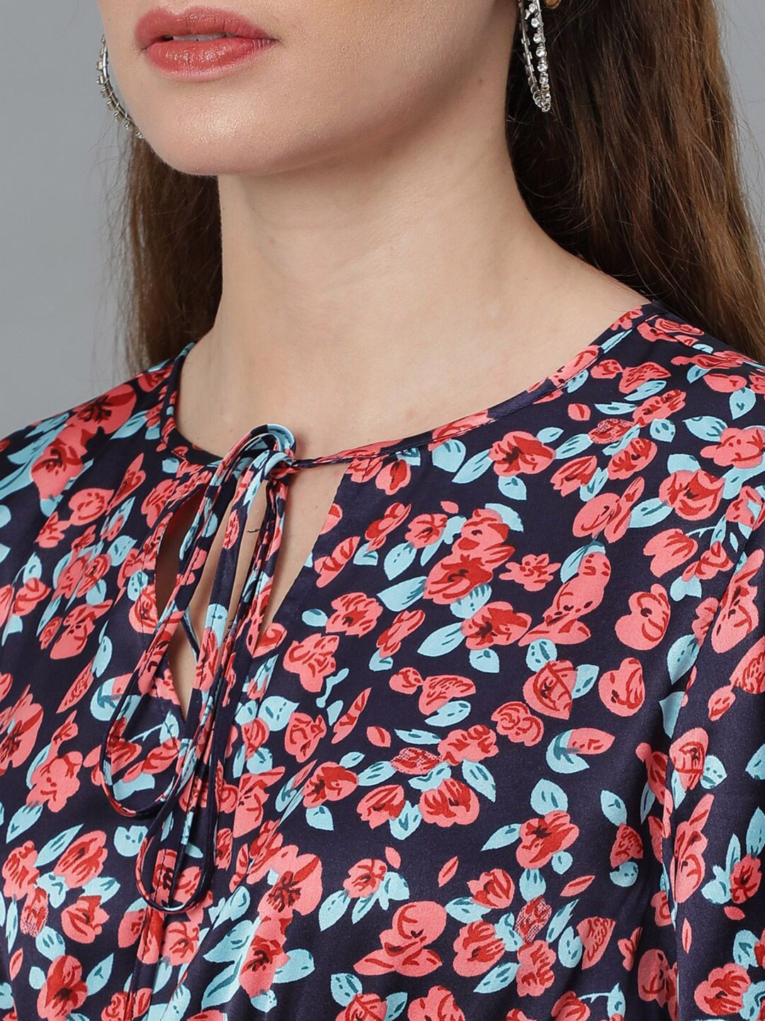 Kotty Navy Blue & Red Floral Printed Tie Up Neck Crepe Smocked Fit & Flare Dress