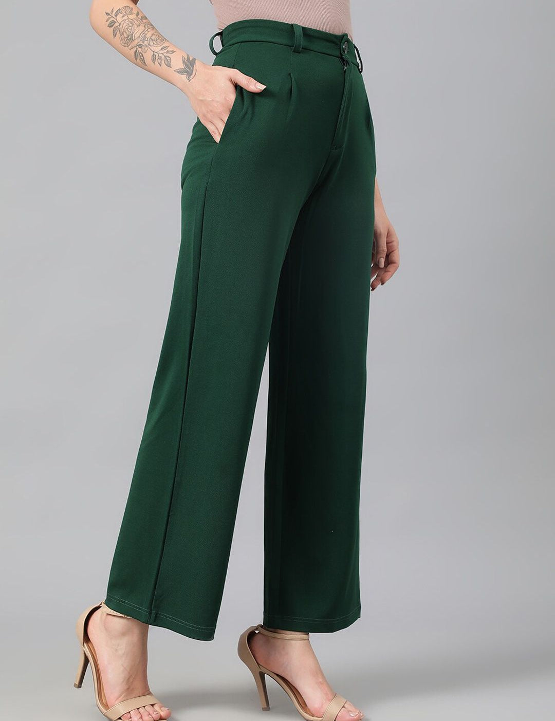 KOTTY BIZwear Women Green Relaxed Straight Leg Fit High-Rise Easy Wash Parallel Trousers