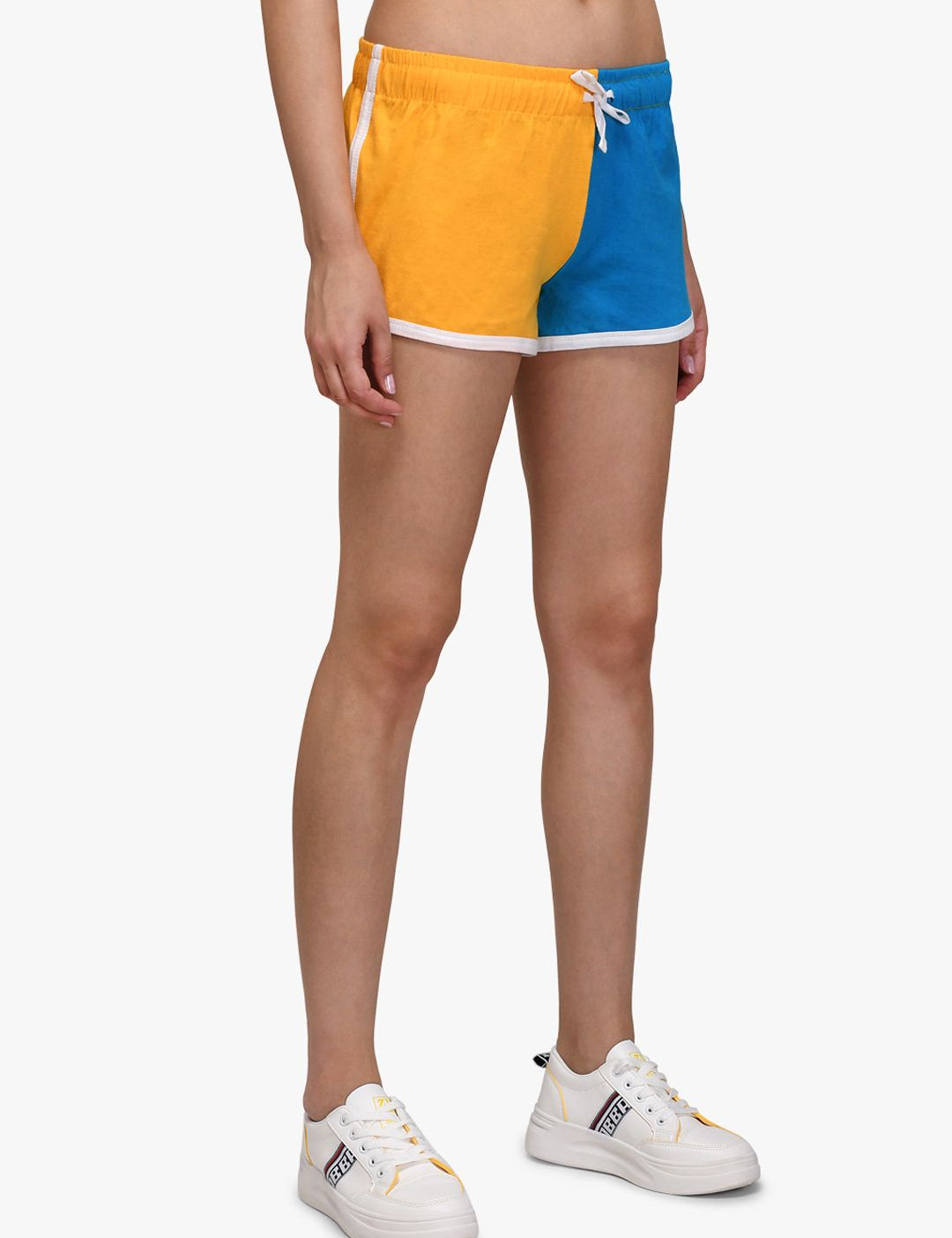 Kotty Women Yellow & Blue Colourblocked Regular Fit Regular Shorts