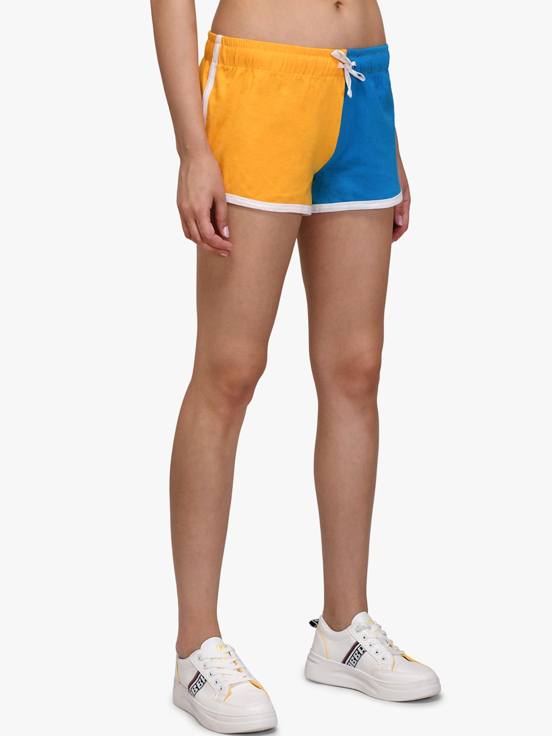 Kotty Women Yellow & Blue Colourblocked Regular Fit Regular Shorts