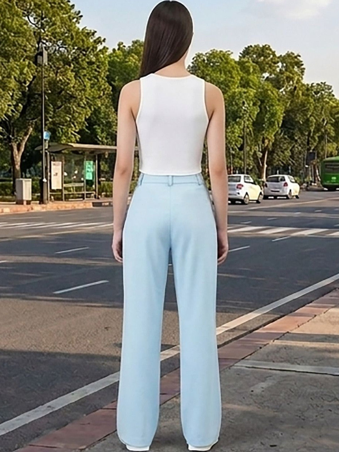 Blue Regular Fit High-Rise Trousers for Women – Chic Solid Design | Kotty