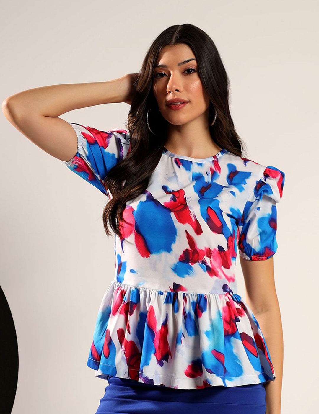 Kotty Women Abstract Printed Puff Sleeve Peplum Top