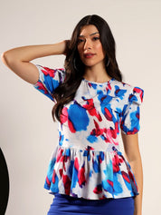 Kotty Women Abstract Printed Puff Sleeve Peplum Top