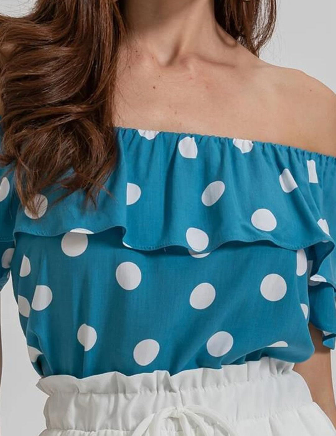 Kotty Polka Dot Printed Off-Shoulder Puff Sleeve Bardot Crop Top