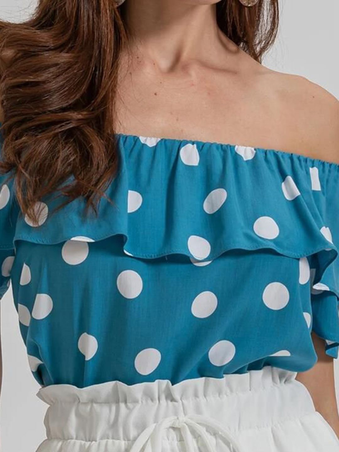 Kotty Polka Dot Printed Off-Shoulder Puff Sleeve Bardot Crop Top