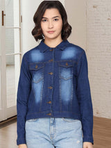 Kotty Women Spread Collar Solid Denim Jacket