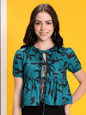 Kotty Print Tie-Up Neck Crepe Crop Top