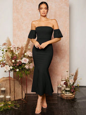 Kotty Off-Shoulder Puff Sleeve Women Bodycon Midi Dress