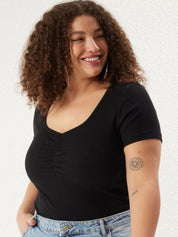 Kotty Women's Black Ribbed Sweetheart Neck Short Sleeve Gathered Top | Casual Party Wear