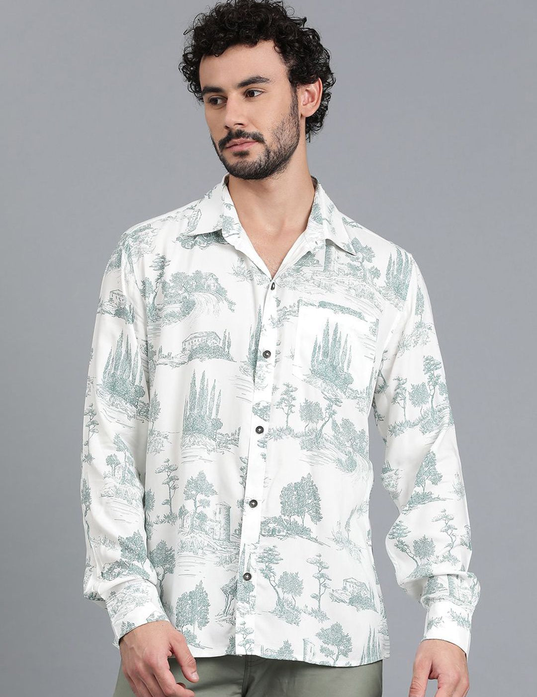 Kotty Men Cuban Collar Graphic Printed Cotton Casual Shirt