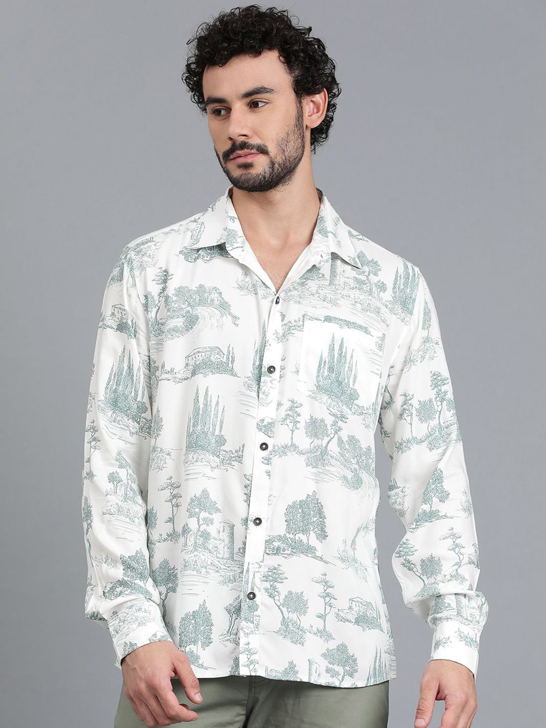 Kotty Men Cuban Collar Graphic Printed Cotton Casual Shirt