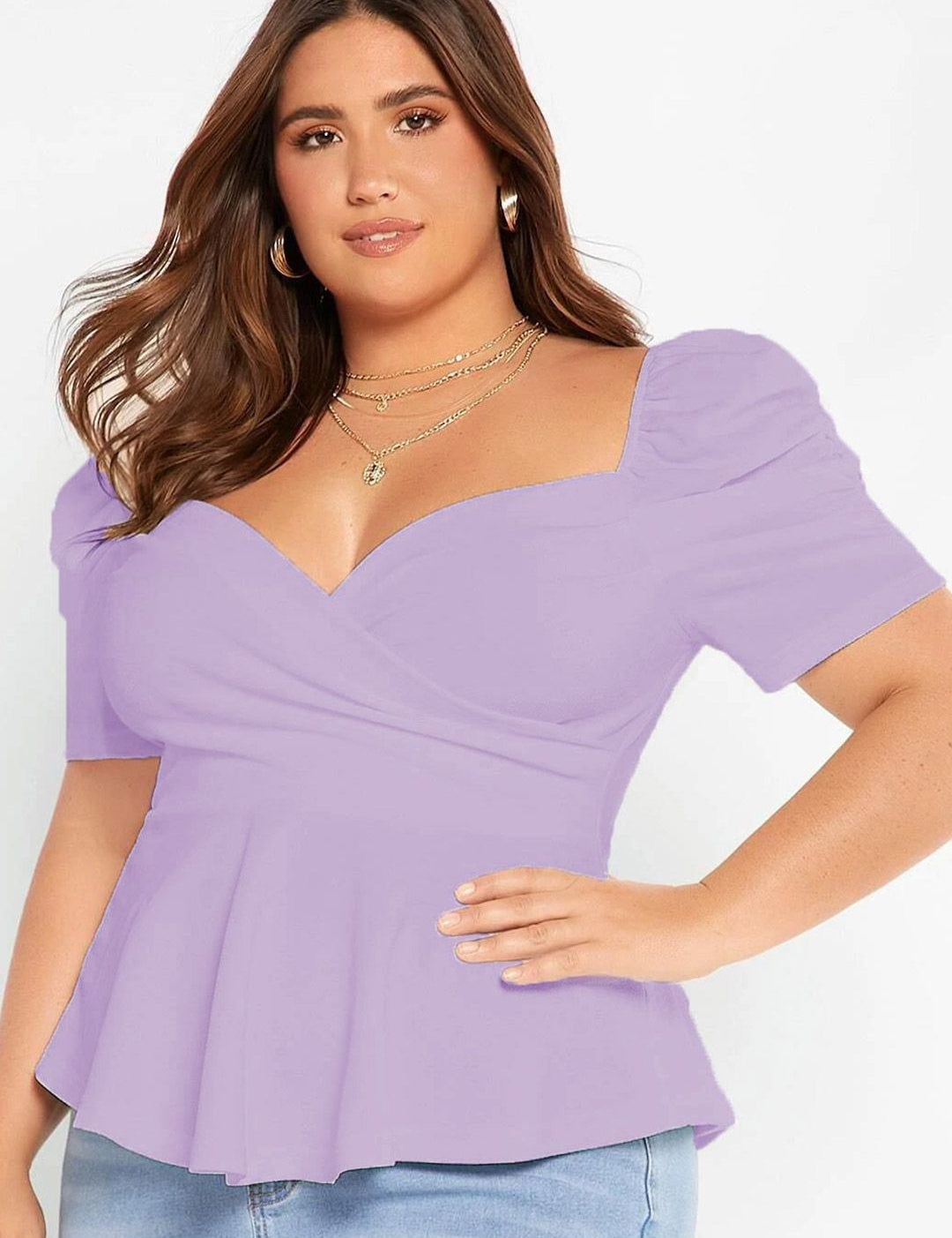 KOTTY Sweetheart Neck Puff Sleeve Peplum Top