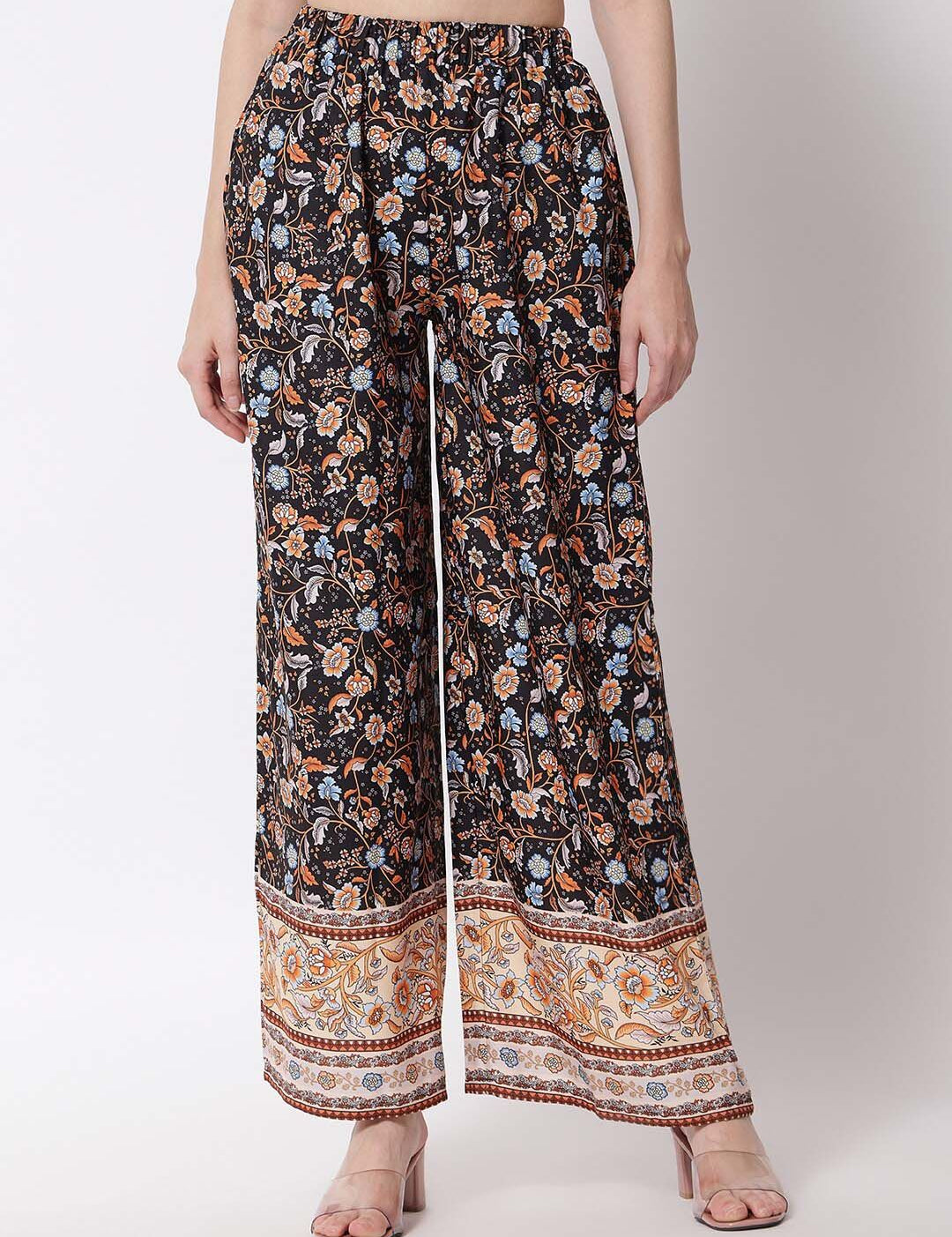 Kotty Women Brown Ethnic Motifs Printed Relaxed Flared High-Rise Easy Wash Trousers