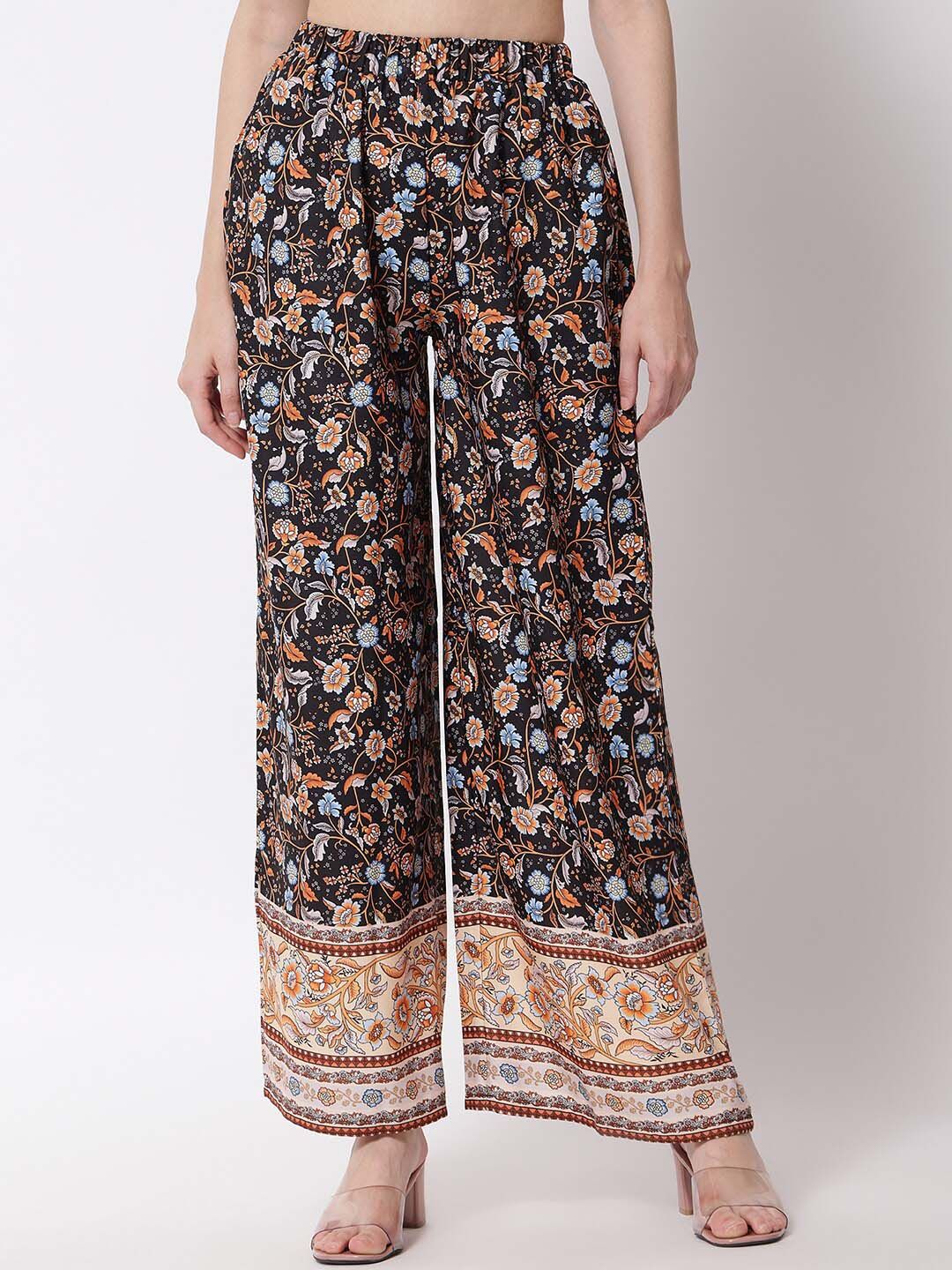 Kotty Women Brown Ethnic Motifs Printed Relaxed Flared High-Rise Easy Wash Trousers