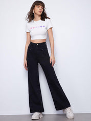 Kotty Women Black Jean Flared High-Rise Low Distress Stretchable Jeans