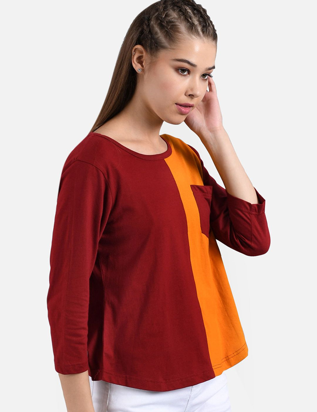 Kotty Women Maroon & Orange Colourblocked Round Neck T-shirt