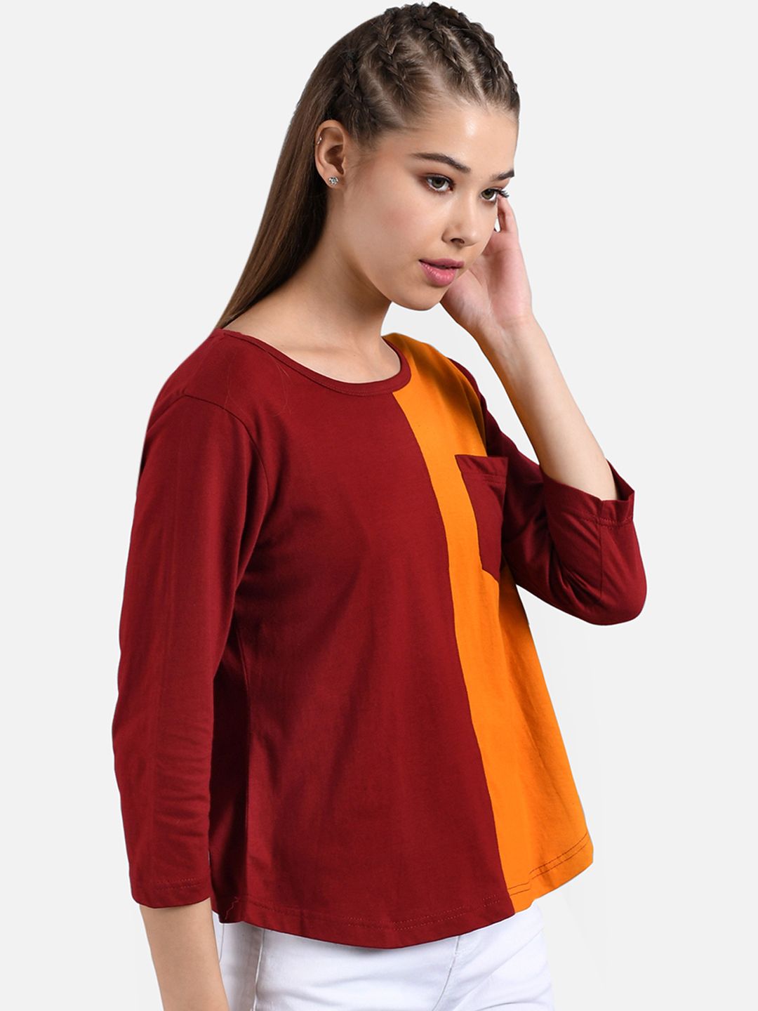 Kotty Women Maroon & Orange Colourblocked Round Neck T-shirt