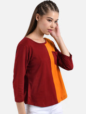 Kotty Women Maroon & Orange Colourblocked Round Neck T-shirt