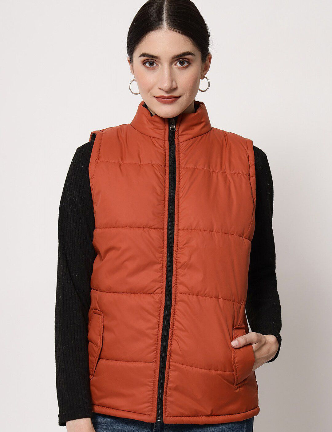 Kotty Women Brown Solid Sleeveless  Padded Jacket