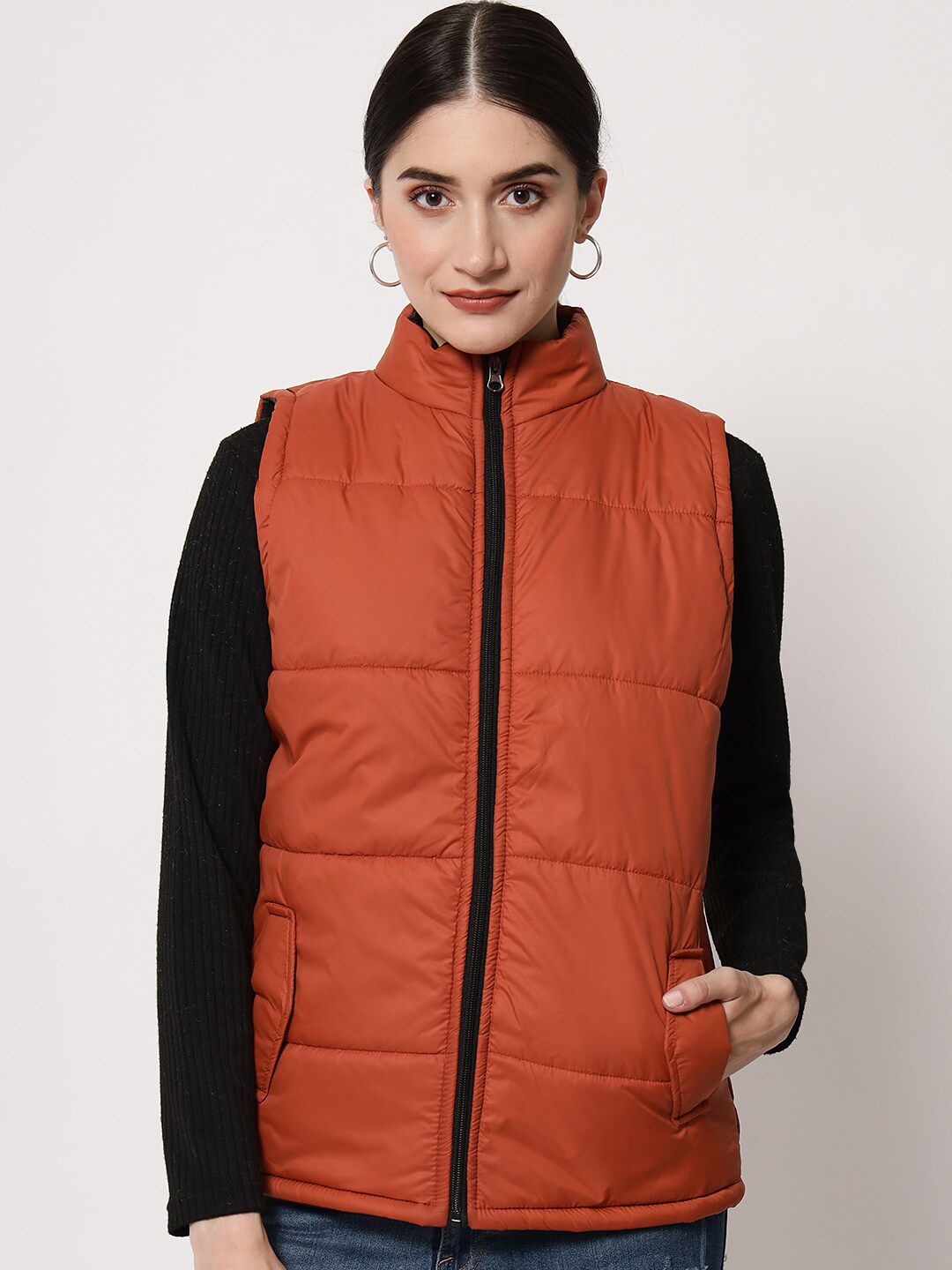 Kotty Women Brown Solid Sleeveless  Padded Jacket