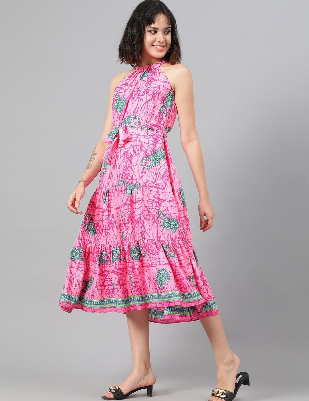 Kotty Pink Ethnic Motif Printed Tiered Fit & Flare Midi Dress With Belt