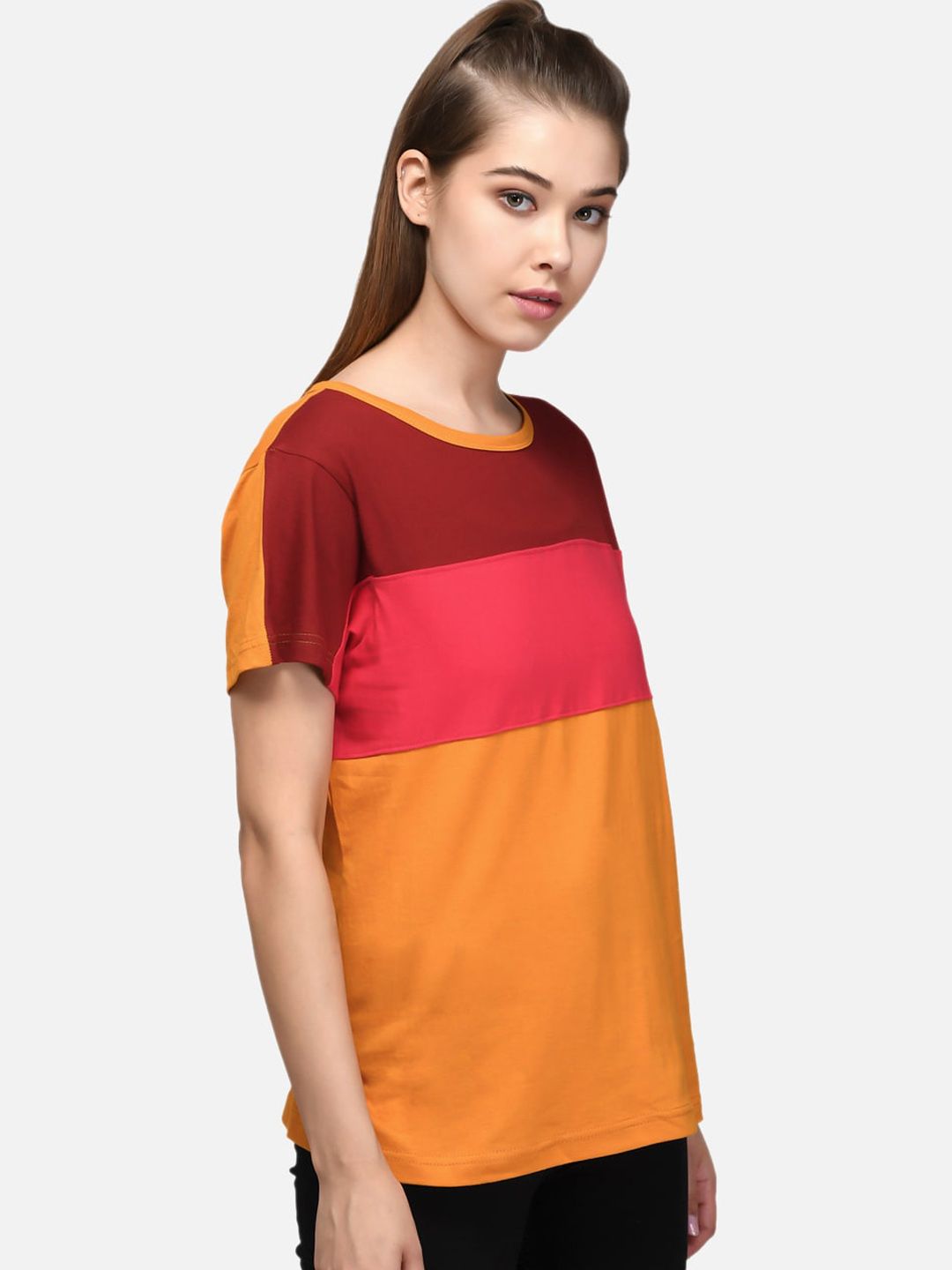 Kotty Women Maroon & Yellow Colourblocked Round Neck T-shirt