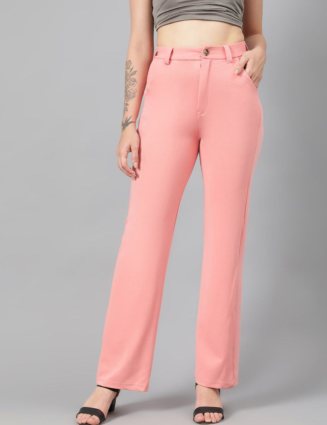 Kotty Women Pink Relaxed Straight Leg Fit High-Rise Easy Wash Parallel Trousers