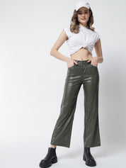 Kotty Women Olive Green Relaxed Straight Fit Trousers