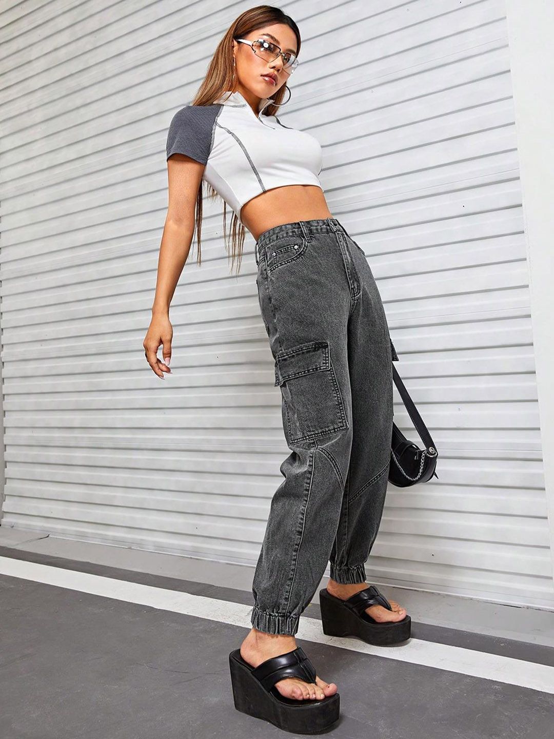 Kotty Women Jean High-Rise Light Fade Stretchable Cargo Jogger