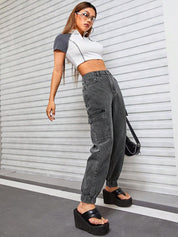 Kotty Women Jean High-Rise Light Fade Stretchable Cargo Jogger