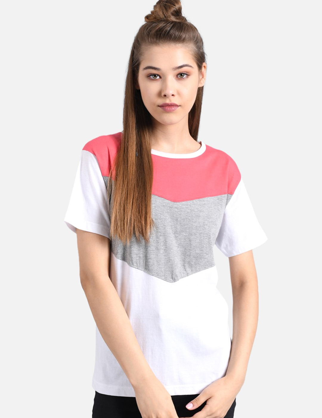 Kotty Women Pink & Grey Solid Round Neck T-shirt