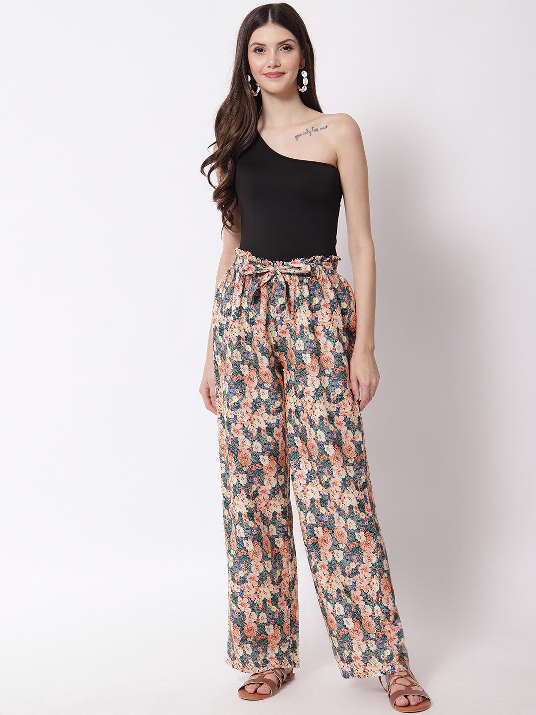 Kotty Women Peach-Coloured Floral Printed Relaxed High-Rise Trousers