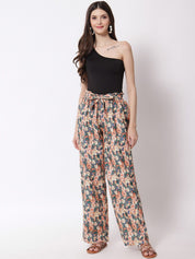 Kotty Women Peach-Coloured Floral Printed Relaxed High-Rise Trousers