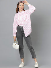Kotty Women Spread Collar Vertical Striped Cotton Oversized Casual Shirt