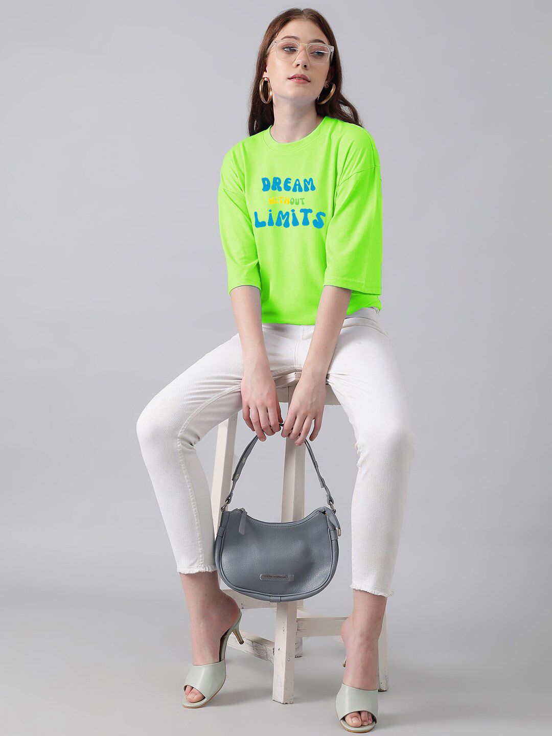 Kotty Lime Green & Blue Typography Printed Drop Shoulder Sleeves Oversized Casual T-Shirt