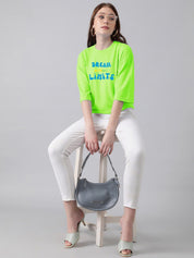 Kotty Lime Green & Blue Typography Printed Drop Shoulder Sleeves Oversized Casual T-Shirt
