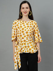 Kotty White & Yellow Floral Printed Flared Sleeves Peplum Top
