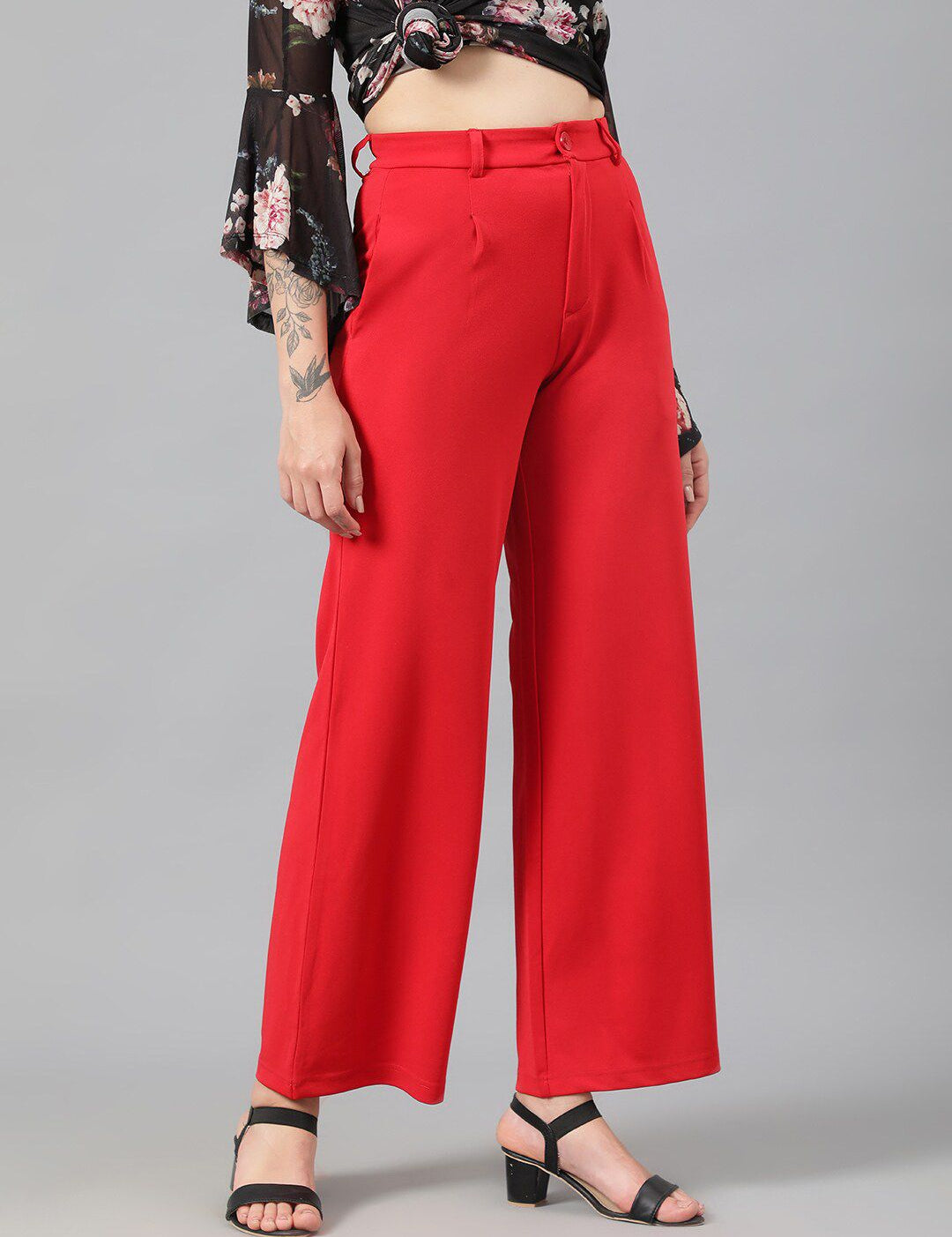 Kotty Women Red High-Rise Relaxed Wide Leg Straight Fit Easy Wash Trousers