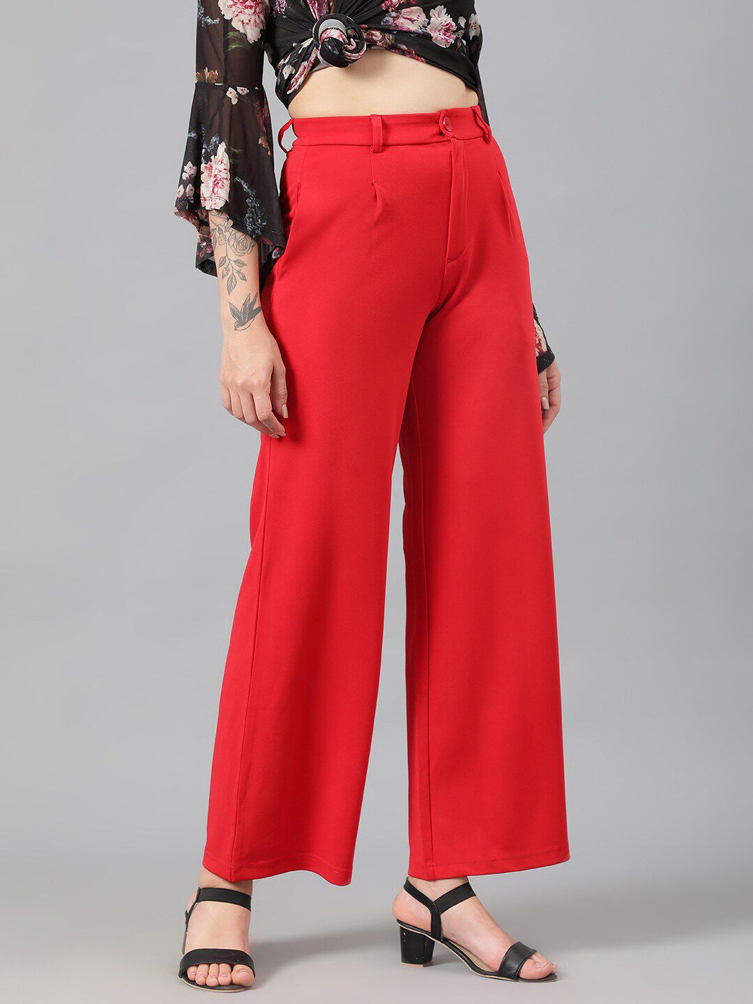 Kotty Women Red High-Rise Relaxed Wide Leg Straight Fit Easy Wash Trousers