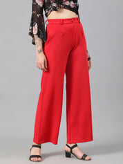 Kotty Women Red High-Rise Relaxed Wide Leg Straight Fit Easy Wash Trousers
